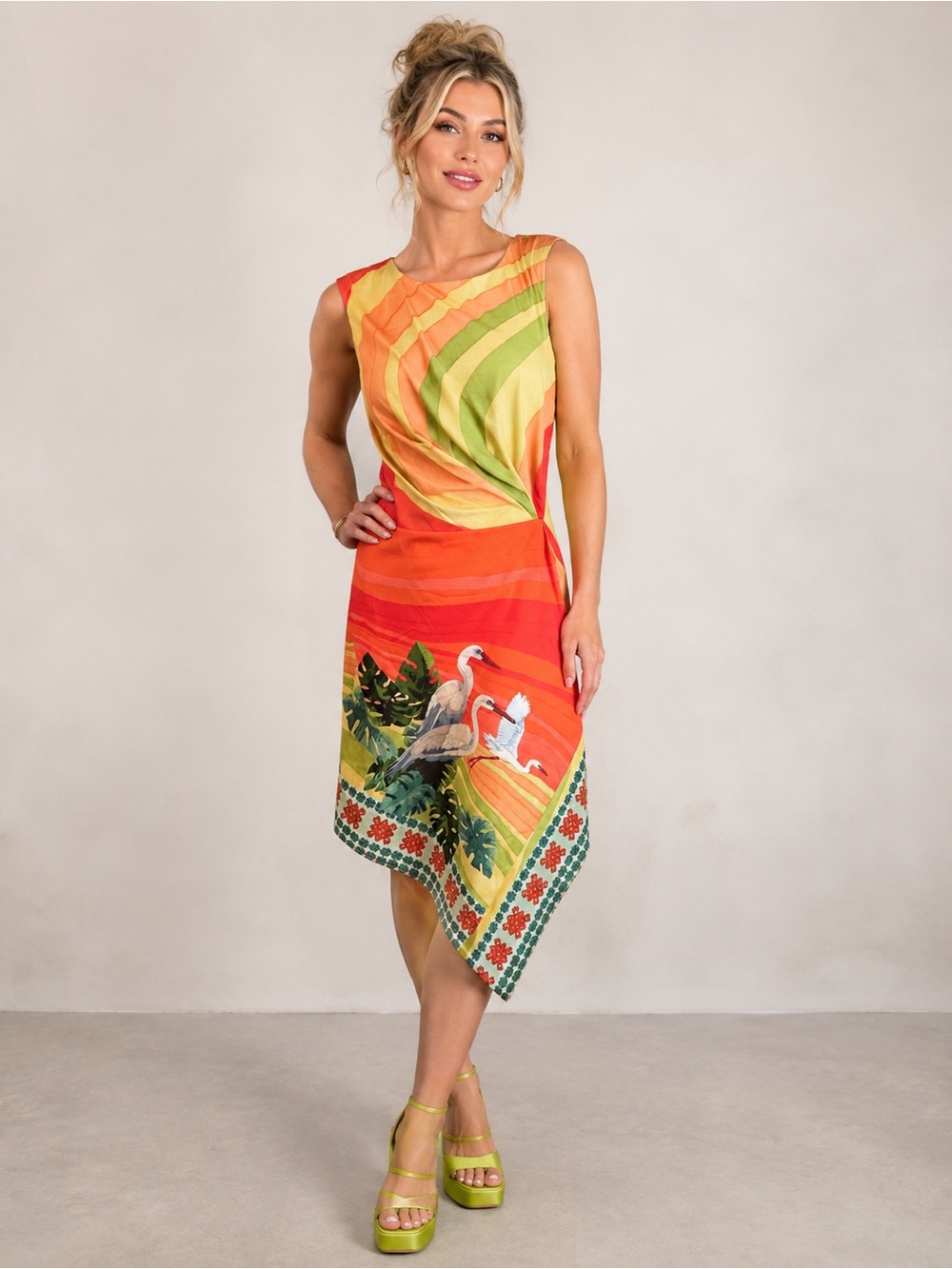 Eva Franco Red-Orange and Pink Colorblock Dress